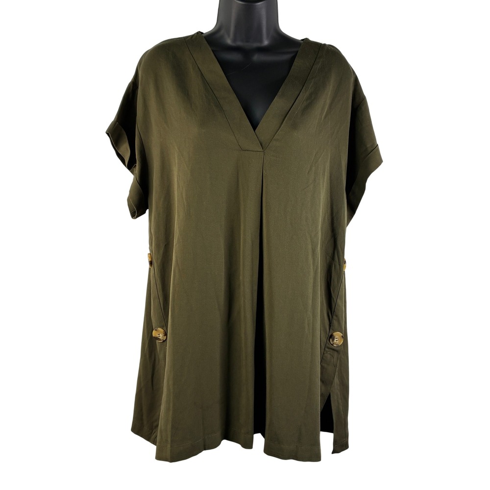 Heyson Size Small Olive Green Tencel V-Neck Tunic Top Side Button Split‎ Hem
